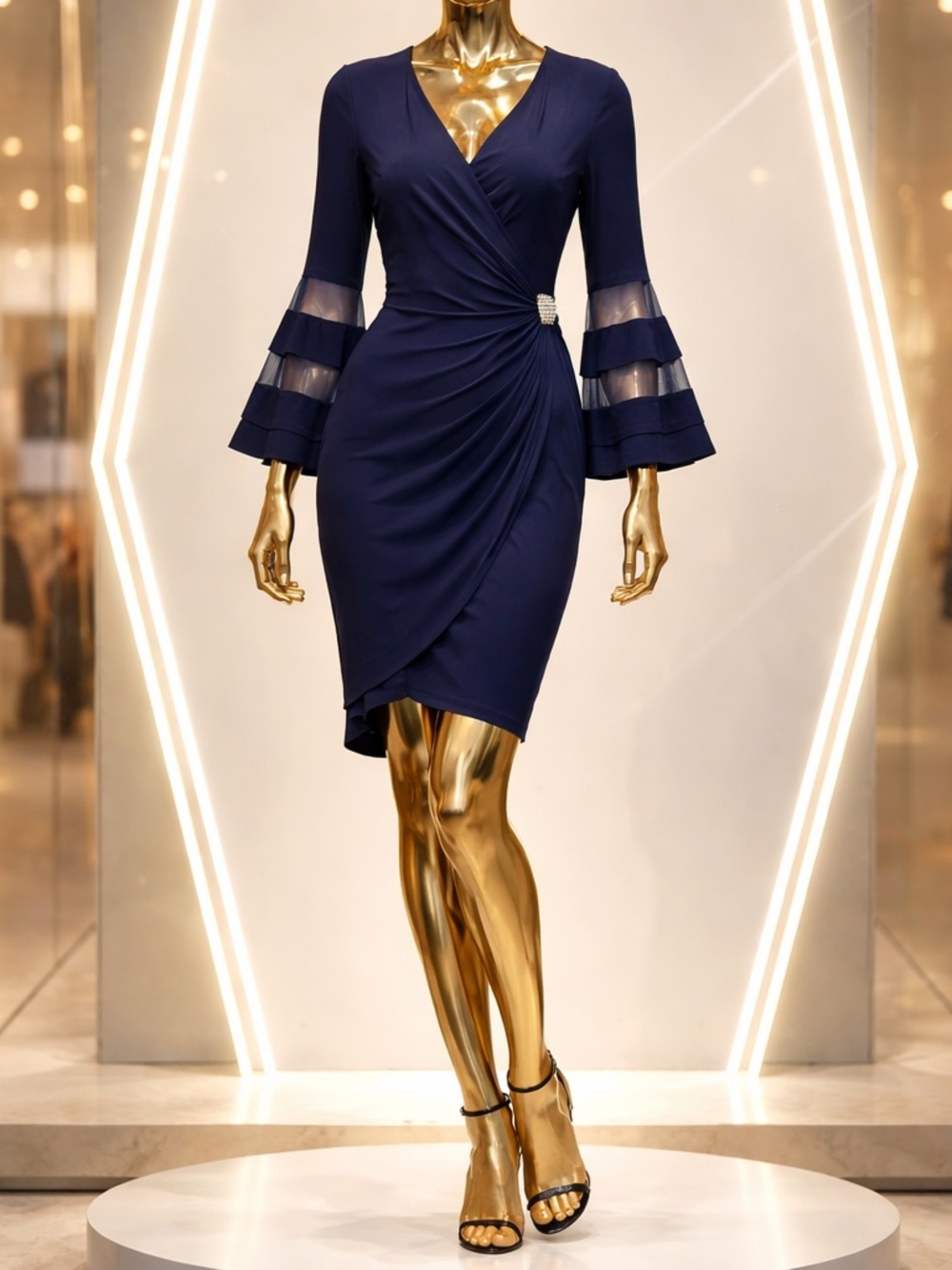 R&M Richards Navy Wrap-Style Midi Dress with Sheer Tiered Bell Sleeves
